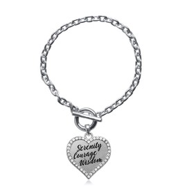 Inspired Silver - Serenity Prayer - Silver Toggle Bracelet for Women - Open Heart Charm Bracelet Jewelry Gift with Cubic Zirconia - Women's Charm Bracelet with Sturdy Toggle Clasp