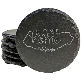 Rustic Slate Coasters Set of 8, Round 4" with California 'Home Sweet Home' Design, Perfect for Holidays, Birthdays, Housewarming Gifts, Made in Oregon, USA, Natural Chipped Edge, Rubber Feet