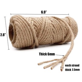 Leecogo 6mm Jute Rope, 66 Feet 4 Ply Heavy Duty and Thick Twine Rope for Gardening, Crafting, Packing, Bundling and Home Decor