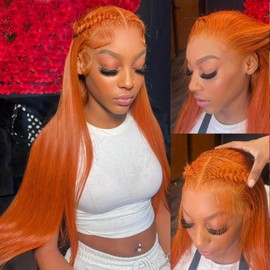 Ginger Orange 13X4 Straight Transparent Lace Front Wigs Human Hair 350 Colored Human Hair Wig Pre Plucked With Baby Hair 200% Density 20 Inch