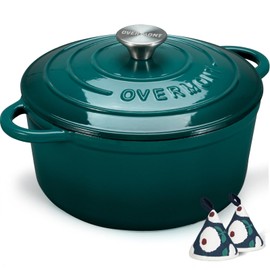 Overmont Overmont Enameled Cast Iron Dutch Oven - 5.5QT Pot with Lid Cookbook & Cotton Potholders - Heavy-Duty Cookware for Braising, Stews, Roasting, Bread Baking bottle green