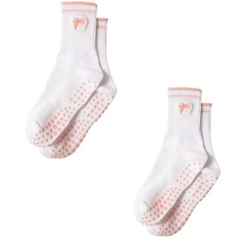 2 Pairs Pilates Grip Socks for Women Cute Yoga Grippy Socks Embroidered Cotton Sock for Barre Home Studio Hospital Pink Bowknot