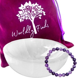 Selenite Charging Bowl & Amethyst Crystal Bracelet Gift Set - Polished Thickly Hand-Carved, Moroccan Crystal Holder to Charge, Cleanse Crystals, Smudging Bowl, Spiritual Gifts Set (Amethyst)