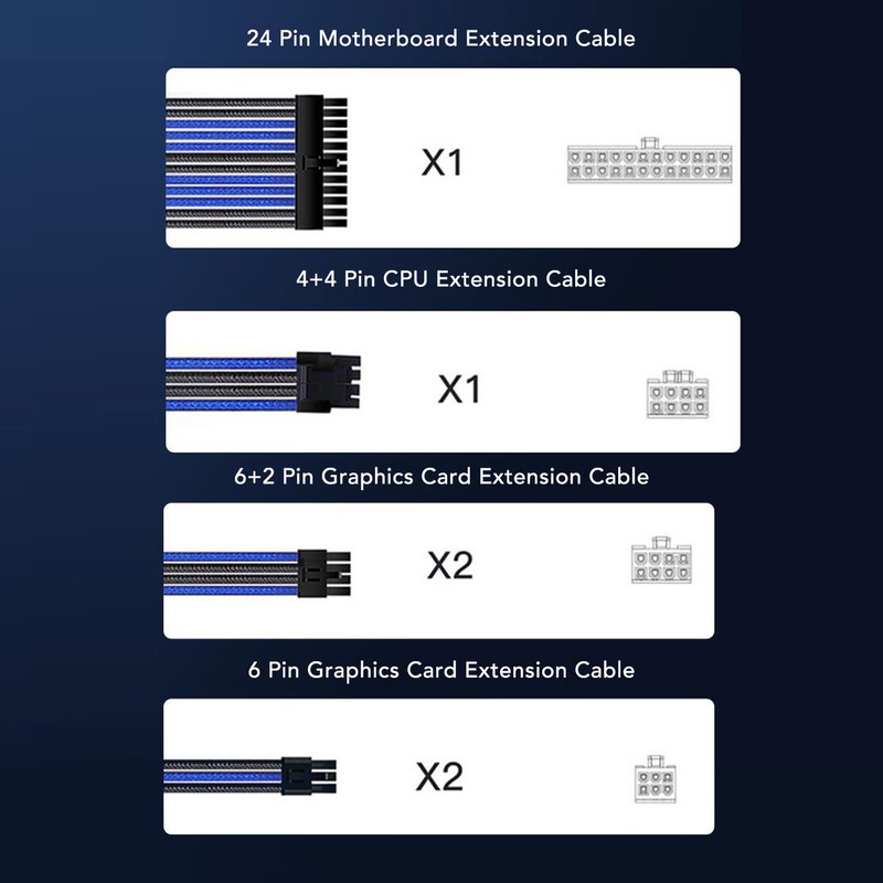 6PCS PC Extension Cable Set 30cm 24 Pin Motherboard Extension