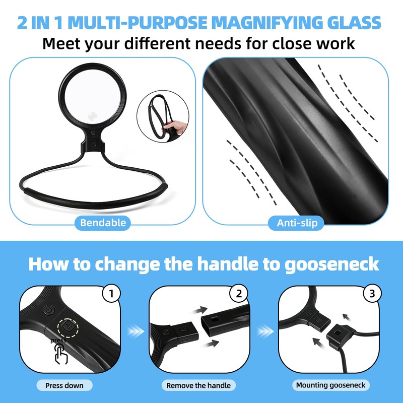 Dilzekui 5X&10X Neck Handheld 2-in-1 Magnifying Glass for Reading w/Light