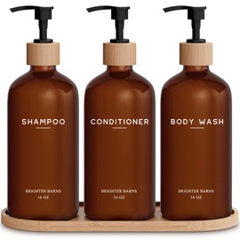 Amber Shampoo and Conditioner Dispenser Set by Brighter Barns - Refillable Plastic Shower Dispenser for Bathroom - Body Wash and Shampoo Bottles with Tray - Boho Decor for Airbnb, Hotel, Gift (Amber)