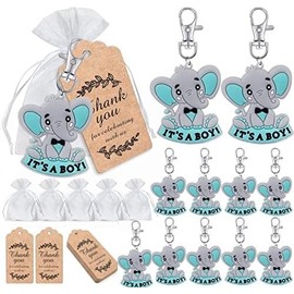 iZoeL 20 Sets It's a Boy Baby Shower Return Favors for Guests, Blue Baby Elephant Keychains + Organza Bags + Thank You Kraft Tags for Elephant Theme Party Favors, Boys Kids Party Supplies