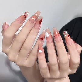 Valentine's Day Press on Nails Medium Glossy Full Cover Square Nude False Nails with Heart Designs Reusable Artificial Short Coffin Fake Nails with Glue Stick on Fingernails for Women