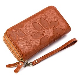 RFID Blocking Women’s Leather Wallet, Double Zipper Smartphone Pocket, Embossed Flower with Credit Card Holder, Cash Slots Large Capacity Clutch Wristlet (Brown)