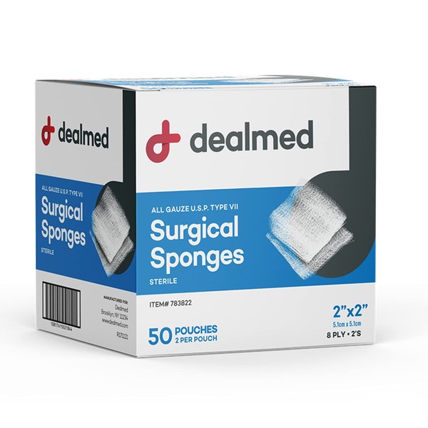 Dealmed Sterile Gauze Sponges - 2" x 2" Woven Gauze Pads, 2 Sponges Per Pouch, 50 Pouches Per Box, 8-Ply, Absorbent Gauze Sponges, Wound Care Product for First Aid Kit and Medical Facilities (30/Case)