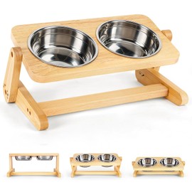 Elevated Dog Cat Food Bowls, Adjustable Height and Angle Raised Dog Cat Bowl Stand with 2 Stainless Steel Bowls, Food and Water Bowl Set for Cats and Puppy (Natural)