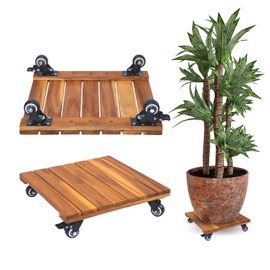 Timberholm 2PCs -14” Acacia Wood Plant Caddy with Wheels, Heavy Duty 286 Lbs Square Rolling Plant Stands, 360° Lockable Metal Caster Wheels, For Indoor, Outdoor, Large Plant Pot (Square, Natural)
