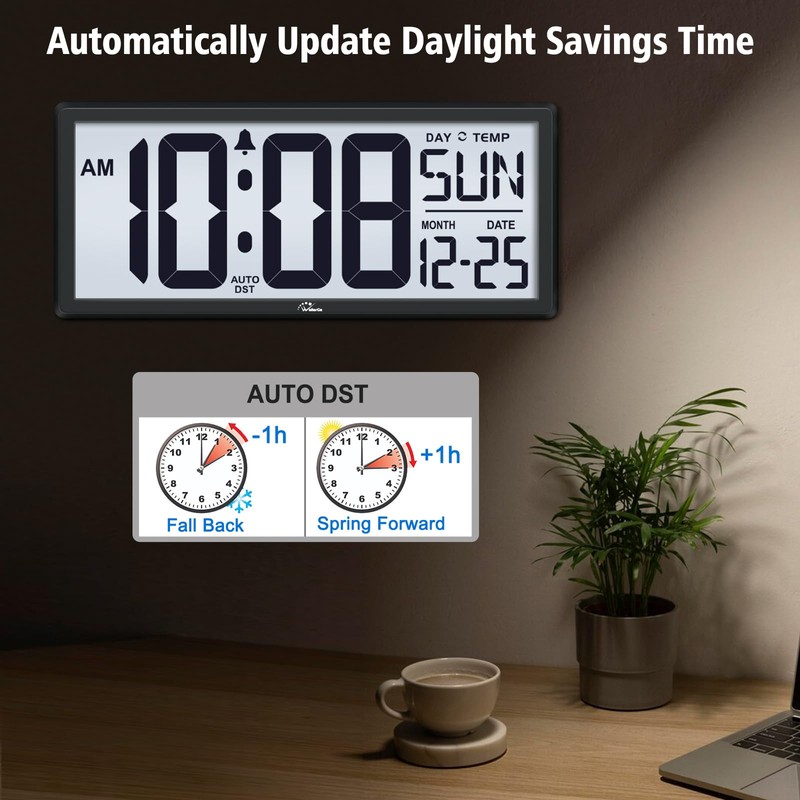 WallarGe Backlight Digital Wall Clock Battery Operated - with Temperature