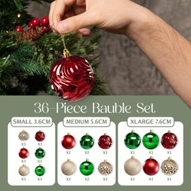 Pelle & Sol 36-Piece Christmas Decorations Bauble Set - Shatterproof Christmas Tree Decorations - Glitter, Disco Ball, Swirl Designs - Christmas Baubles in Assorted Sizes - Red, Green, Gold