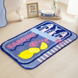 Mocsicka Sardine Bath Mat – Cute Funny Non-Slip Waterproof Blue Fish Rug, Cartoon Lemon Sardine Can Bathroom Decor, Washable (Blue, 20x32inch)