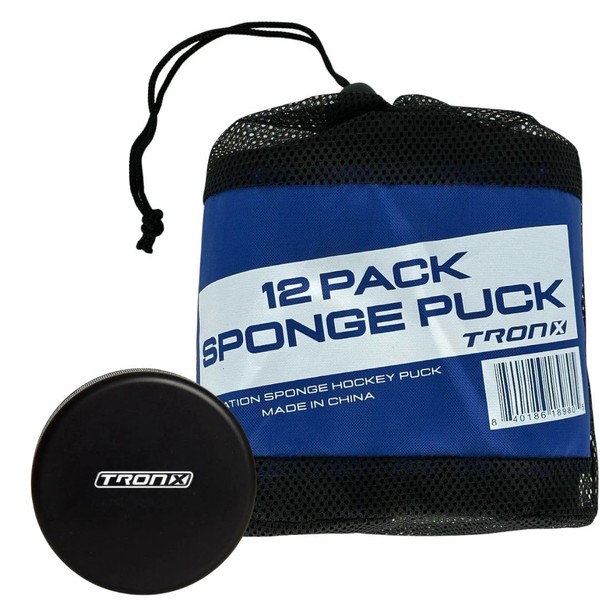 TronX Sponge Soft Foam Indoor Hockey Pucks - 12 Pack - with Mesh Carry Bag Black