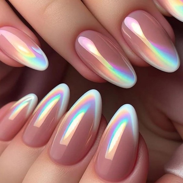 White French Press on Nails Pink Gradient Medium Almond False