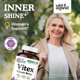 Wild & Organic Vitex Chasteberry Supplement for Women 500 mg - Women's Support - Pure Vitex Berry Powder Capsules - Chaste Tree Berry Agnus-Castus Extract - Vegan, No Fillers, Non-GMO - 180 Count
