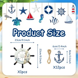 Nature Fish Net Wall Decoration with Shells Set, Ocean Wall Hangings Fishing Net Party Decor include Blue Fishing Net, Wooden Ornament Decor, Ship Rudder for Ocean Beach Pirate Mediterranean Party