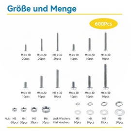 WZHUIDA 600 Pieces M3 M4 M5 M6 Hex Screws and Nuts Set, Stainless Steel Hexagonal Screws Nuts and Washers Assortment Kit, Machine Screws with Full Thread