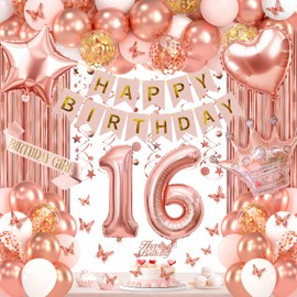 16th Birthday Decorations for Girls, Rose Gold 16 Birthday Party Decorations Include Heart Star Foil Confetti Balloons, Rose Gold Fringe Curtain, Hanging Swirls