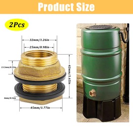 Begpoee Pack of 2 Tank Fittings Included, Brass Tank Fitting, Barrel Fitting, with 1 Inch Male Thread x 3/4 Inch Female Thread, for Taps, Water Butt and Water Tanks (Yellow)