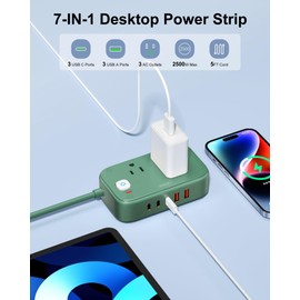Travel Power Strip with 5 USB(2USB C) - Cruise Approved Power Strip with 2 Outlets - 40W Travel Charger for Multiple Devices, 5Ft Flat Plug Extension Cord, Non Surge Protector for Cruise Travel(green)