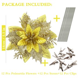 GREENTIME 12 Pcs Glitter Poinsettia Artificial Flowers Christmas with Clips Stems Xmas Tree Ornaments for Wedding Party Wreath Decoration (Yellow Gold
