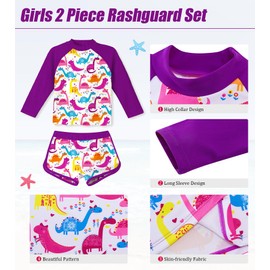 ACOCOPY Girls Rash Guard Sets 2 Piece Novelty Dinosaur Swimsuits with Shorts Long Sleeve Sun Protection Beach Swimwear Size 9-10