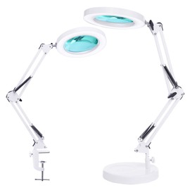 Magnifying Glass with Light and Stand, KIRKAS 2-in-1 Stepless Dimmable LED Magnifying desk Lamp with Clamp, 3 Color Modes Lighted Magnifier Lens Swivel Arm Light for Reading, Craft, Close Works -White
