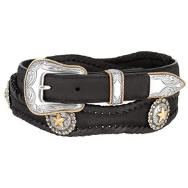 Gold Star Conchos Ranger Belt Western Cowboy Cowgirl Genuine Leather Braided Belt, Size Up to 60" (Black, 40)