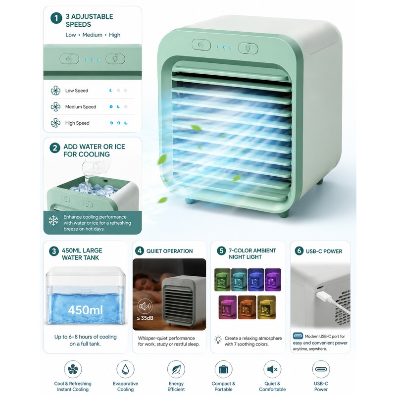 Portable Personal Air Cooler for Desk – 3-Speed Evaporative Fan