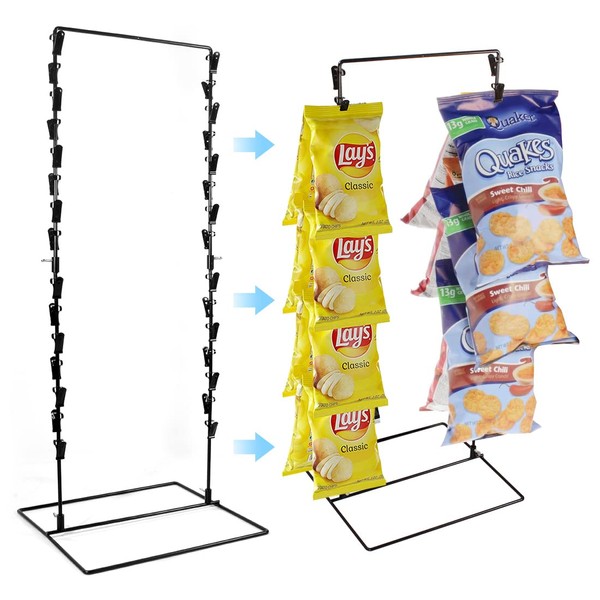 Chip Rack Clip Display Stand, 30 Clips Countertop Rack Candy Chip Bag Holder, 2 Rows Potato Chip Rack for Party, 26.2"x10.75" Retail Stand for Stores, Chip Holder for Concession, Snack Display for Counter