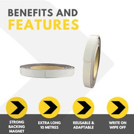 Gloss White Magnetic Tape Roll Easy Wipe Racking Strip 20mm Wide x 0.8mm Thick x 10M Long - Magnetic Whiteboard Strips, Writable Magnet Magnet Sheet - Magnetic Whiteboard Tape Write on Wipe Off