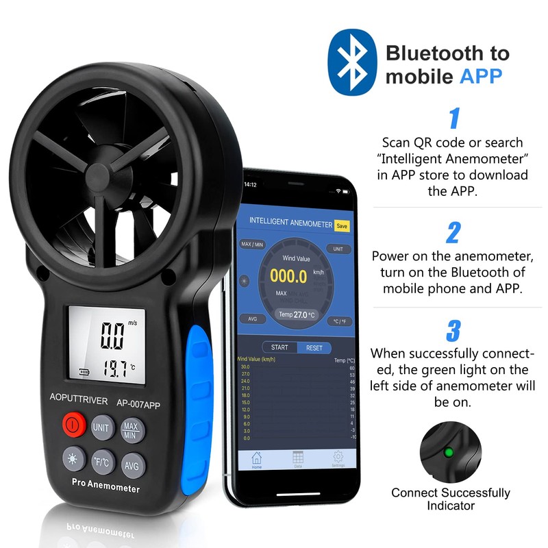 Digital Bluetooth Anemometer Handheld, AP-007-APP Wireless Anemometer Wind Speed Meter