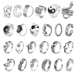 BEIBXHQQ 24 Pieces Vintage Rings, Vintage Finger Rings, Silver Ring Set, Adjustable Rings, Unisex Rings, Punk Rings, Gothic Rings, Snake Rings, Adjustable Cool Gothic Stacking Rings