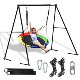 43” Saucer Tree Swing Set with Metal Frame Full Steel Swing Stand 550lbs Load Capacity 71” High Playground Outdoor Backyard (Black Set)