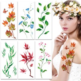 6 Sheets Temporary Tattoos Stickers Flower Leaf Plants Realistic Waterproof Women Body Face Arm Collarbone Leg Body DIY Art Decoration