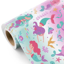 WRAPAHOLIC Mermaid Wrapping Paper Roll - Mini Roll - 17 Inch x 33 Feet - Little Mermaid Wrapping Paper for Birthday Girls, Baby Shower, Kids Birthday