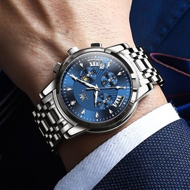 OLEVS Silver Watches for Men Blue Chronograph Stainless Steel Mens Watches Big Face Classic Luxury Men's Wrist Watches with Date Waterproof Dress Male Watches, Relojes para Hombres