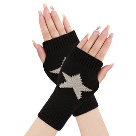 Symphonyw Star Printed Fingerless Gloves, 1 Pair Y2K Half Finger Gloves with Thumb Hole, Winter Knitted Warm Gloves for Men and Women, black