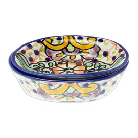 NOVICA Artisan Handcrafted Talavera Style Ceramic Soap Dish | Multicolor Decor | Bathroom Vanity Accessories | Soap Container | Hacienda Floral | Mexico ' Hidalgo Bouquet' 2.4" H x 4.3" Diam.