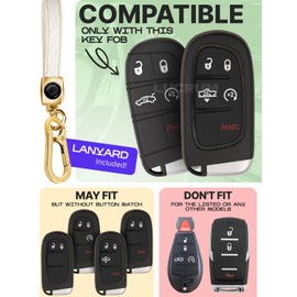 Lucrum for Dodge, Jeep, Chrysler Key Fob Cover and Leather Keychain, 5 Buttons Key Case for Dodge Ram, Charger, Dart, Durango, Journey - 2011-2025 Keyfob Cover for M3N-40821302 - White and Gold