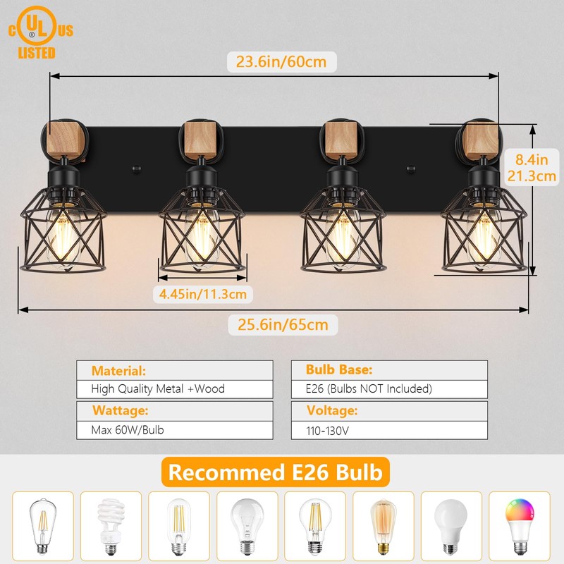 FadimiKoo 4-Light Rustic Style Wood Bathroom Vanity Light Fixtures, Black
