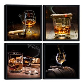 Pyradecor Black Framed 4 Pieces Cigar Wine Whisky Canvas Prints Wall Art Liquor Still Life Pictures Paintings for Kitchen Bar Pub Home Decorations