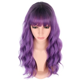 SYMEIW Purple Hair Wavy Wigs With Bangs For Women Synthetic Purple Wigs For Daily Use Everyday Wear.