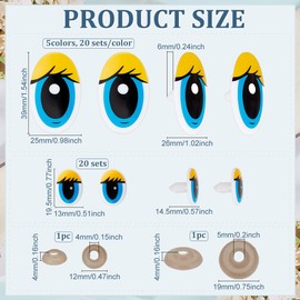 PH PandaHall 120 Sets Craft Eyes Cute Safety Eyes 6 Sizes Oval Eyes Felt Eyes Kawaii Eyes Cartoon Eyes with Washers Vivid Animal Eyes for Amigurumi Puppet Teddy Bear Crochet Plush Animal Making