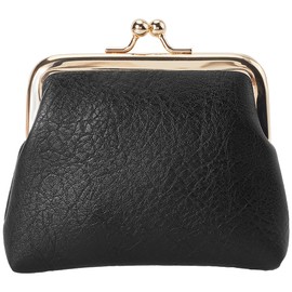 CREATCABIN Black Mini Wallet with Kiss Closure Vintage Leather Coin Purse for Women Money Compartment with Metal Frame Compact Slim Hand Wallet for Women Men Credit Cards 10.5 x 11 x 3 cm