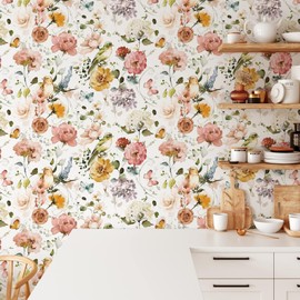 Coloritto Garden Flowers and Birds Peel and Stick Wallpaper | Removable Botanic Hummingbird Mural | Floral Self Adhesive Peel and Stick Wallpaper (1 roll 24" W x 48" H)