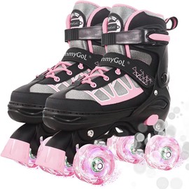 MammyGol Roller Skates for Kids Boys Girls, Adjustable Quad Skates with Light Up Wheels for Toddler Little Kids Ages 6-12 Size 10C 11C 12C 13C, Beginners Outdoor Sports, Pink